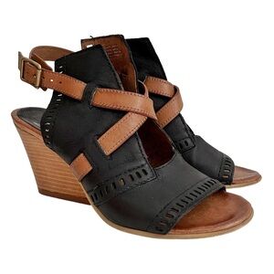 Miz Mooz Kipling Two Toned Leather Peep Toe Block Wedge Heel Sandals 38